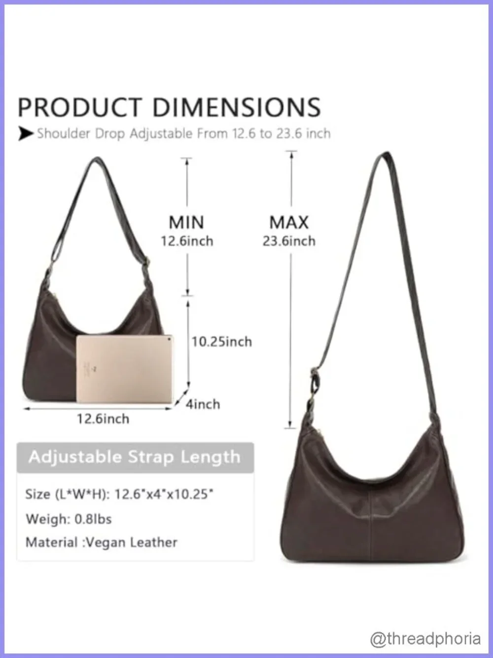 Vegan Leather Hobo Bag - Slouchy Shoulder Tote, Foldable, Adjustable Strap